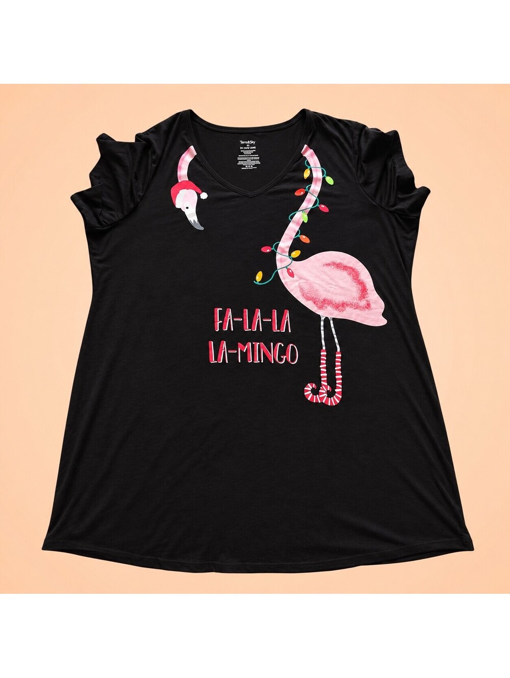 Secret Treasures Womens 2X-3X Christmas Flamingo Nightgown Sleep Shirt Black